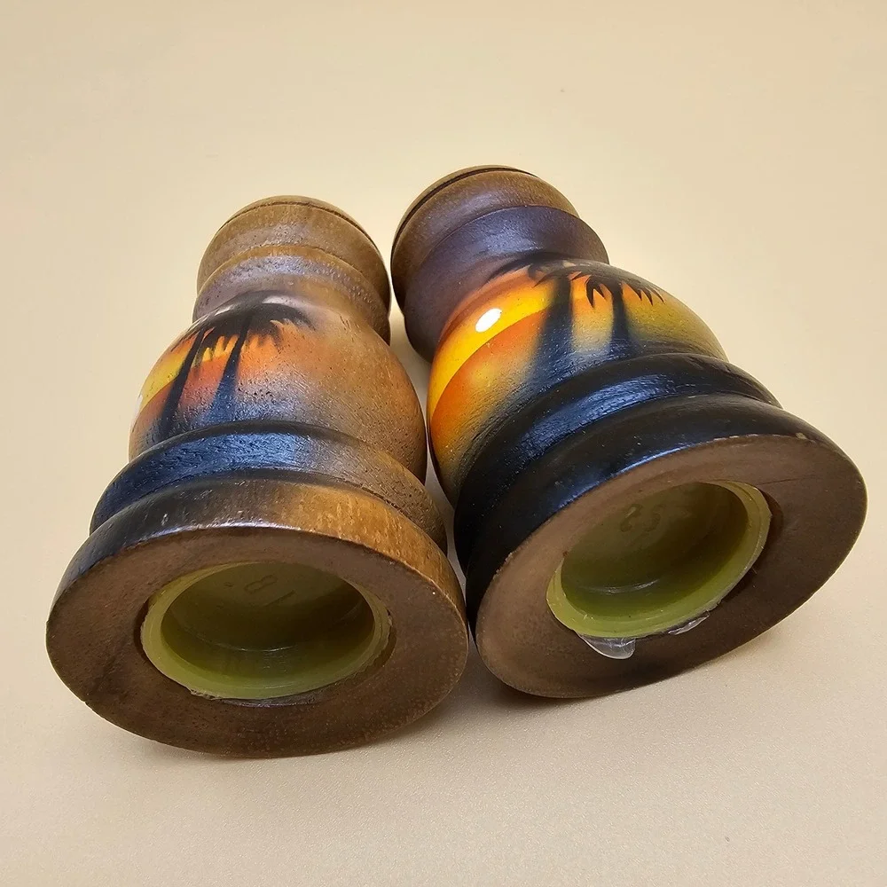 Vintage Wooden‎ Salt and Pepper Shakers Tropical Sunset Palm Tree Design